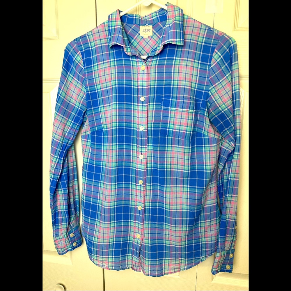 J. CREW The Perfect Shirt Blouse Blue Pink Plaid Button Down Top Blue Pink White